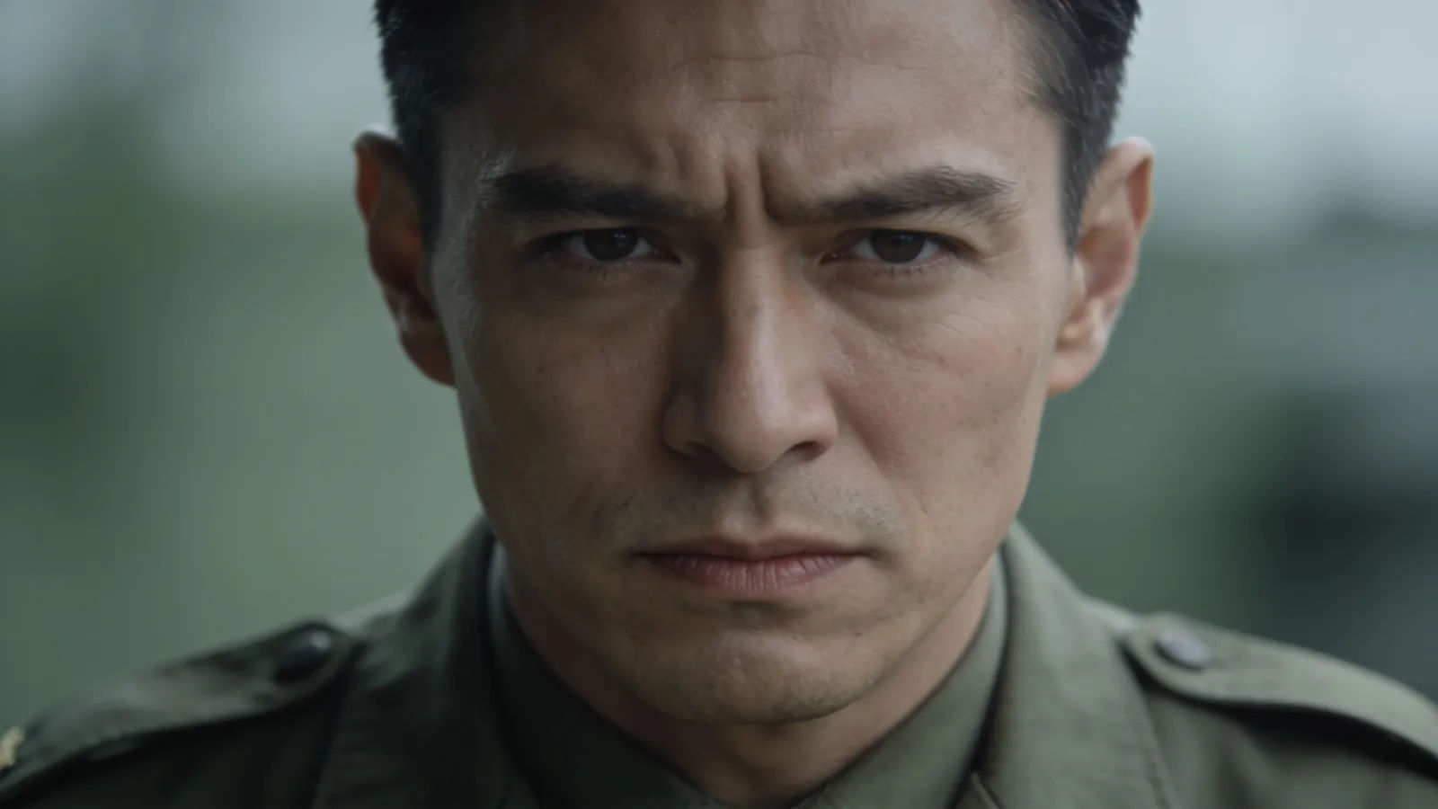 Commanding officer in plain fatigues with stern expression