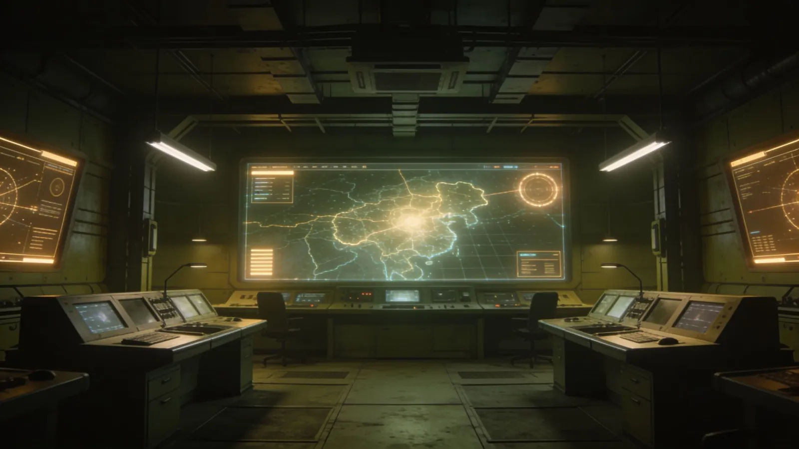 Dim tactical operations room with glowing consoles