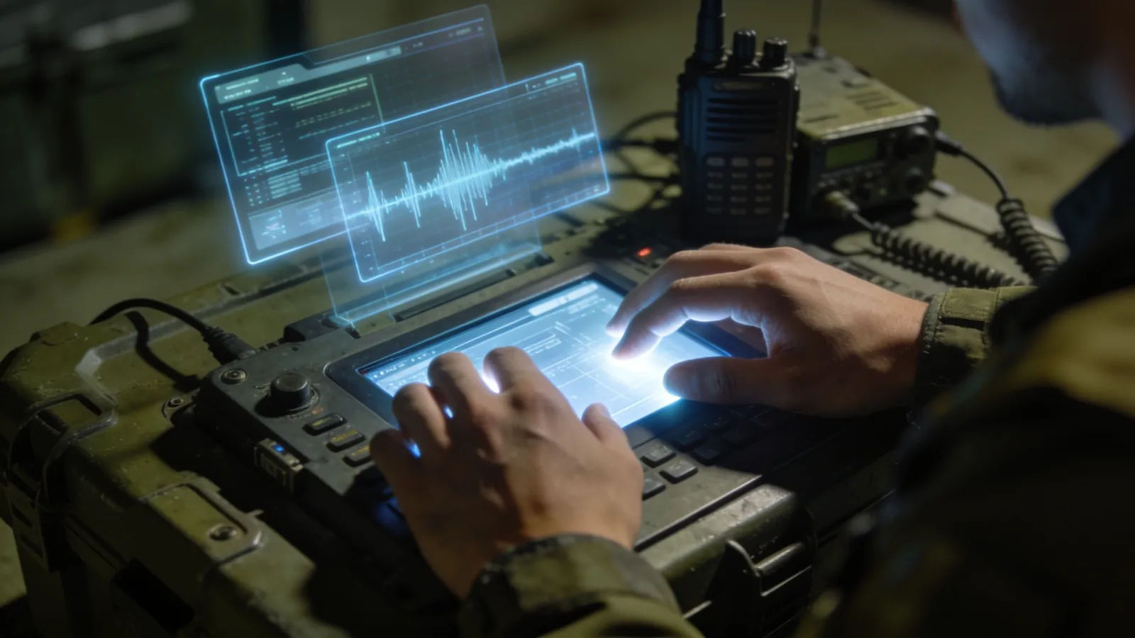Hands at a tactical console with audio UI and radio gear