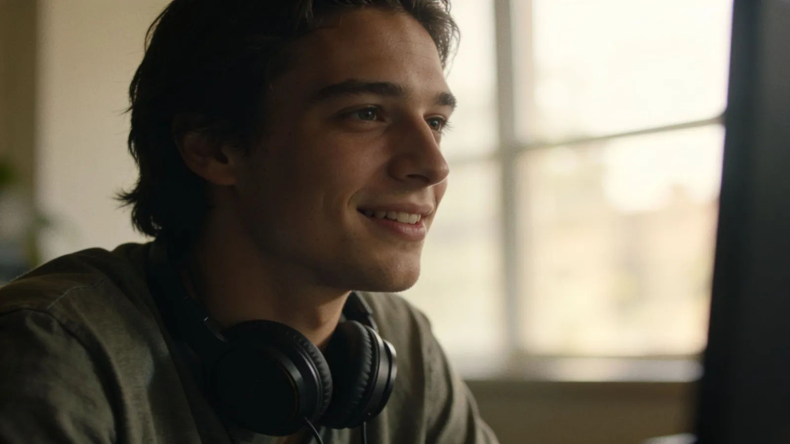 Casual young creator with headphones, soft light