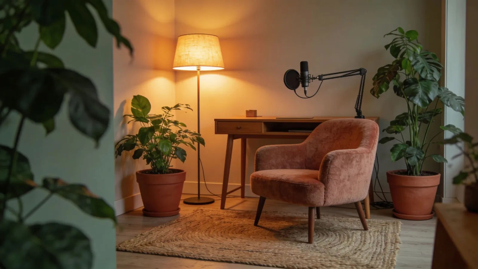 Cozy home podcast corner with plants and lamps