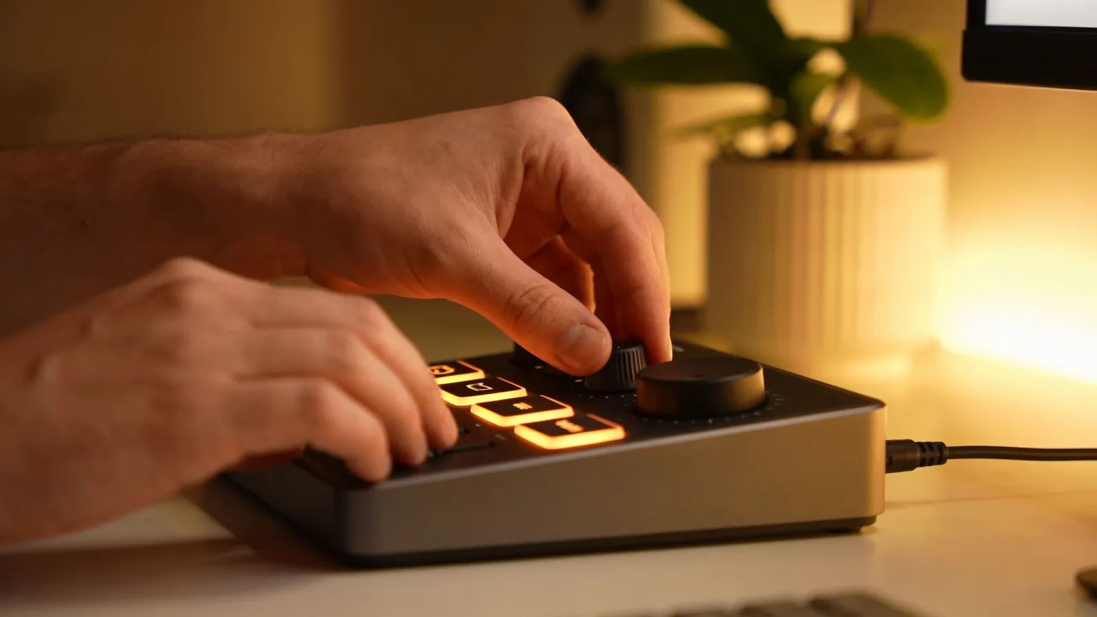Hands at compact modern desktop audio interface