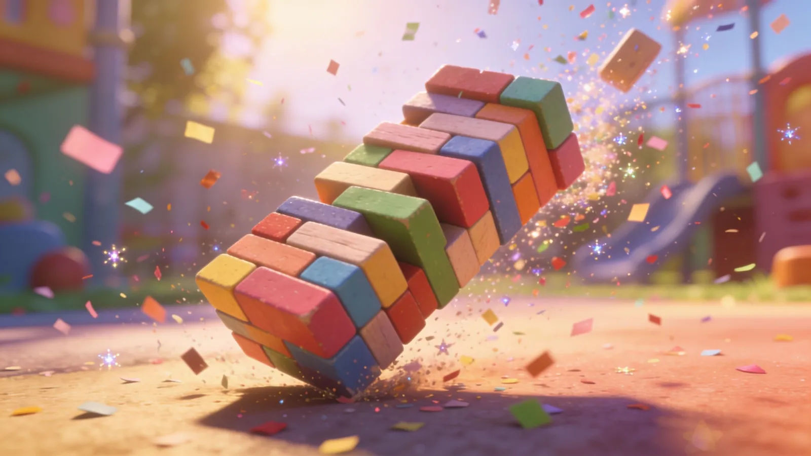 Toppling colorful blocks with scattered confetti