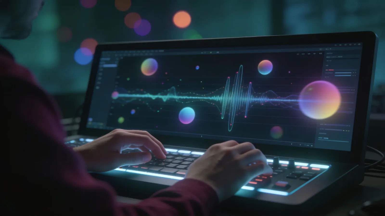 Hands at a console with bouncing waveform interface