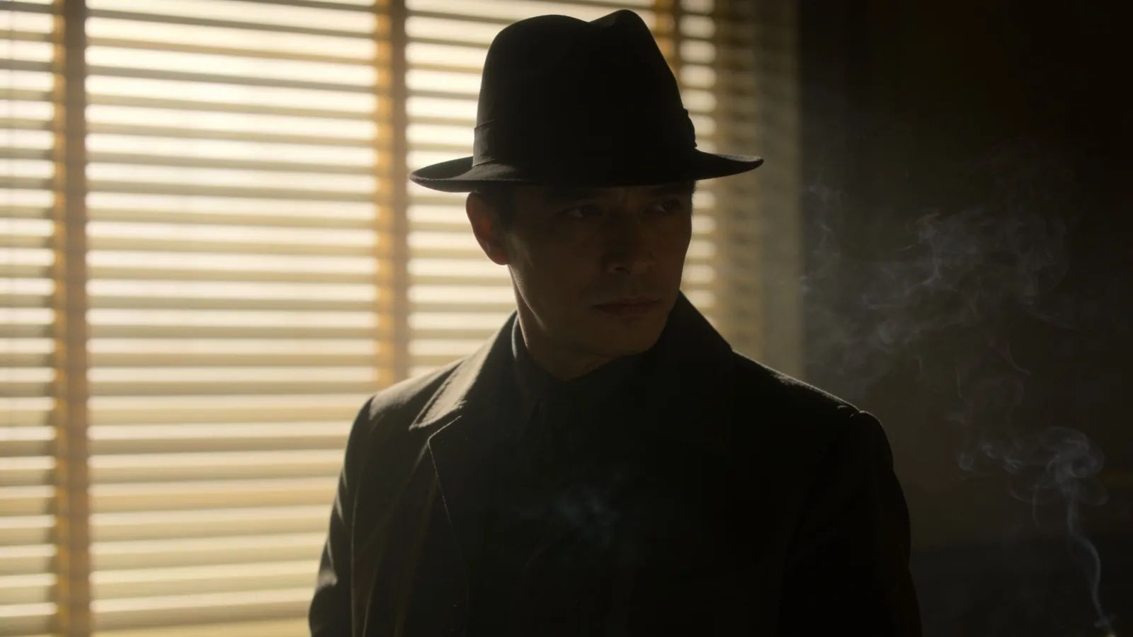 Noir crime figure in fedora, blind-light stripes