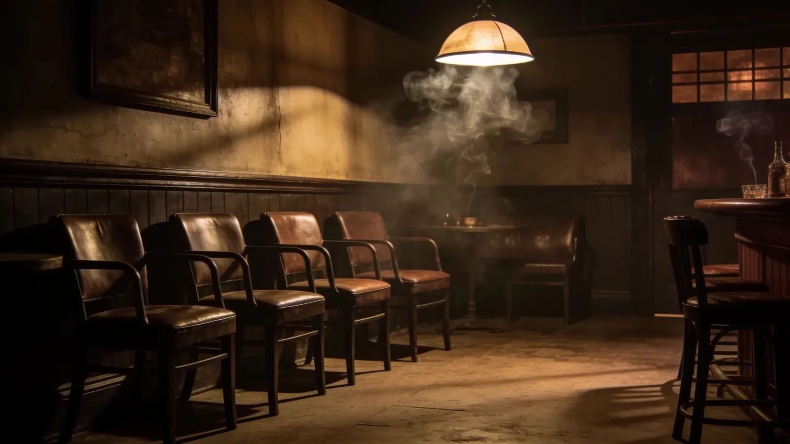 Dim back-room speakeasy with smoke