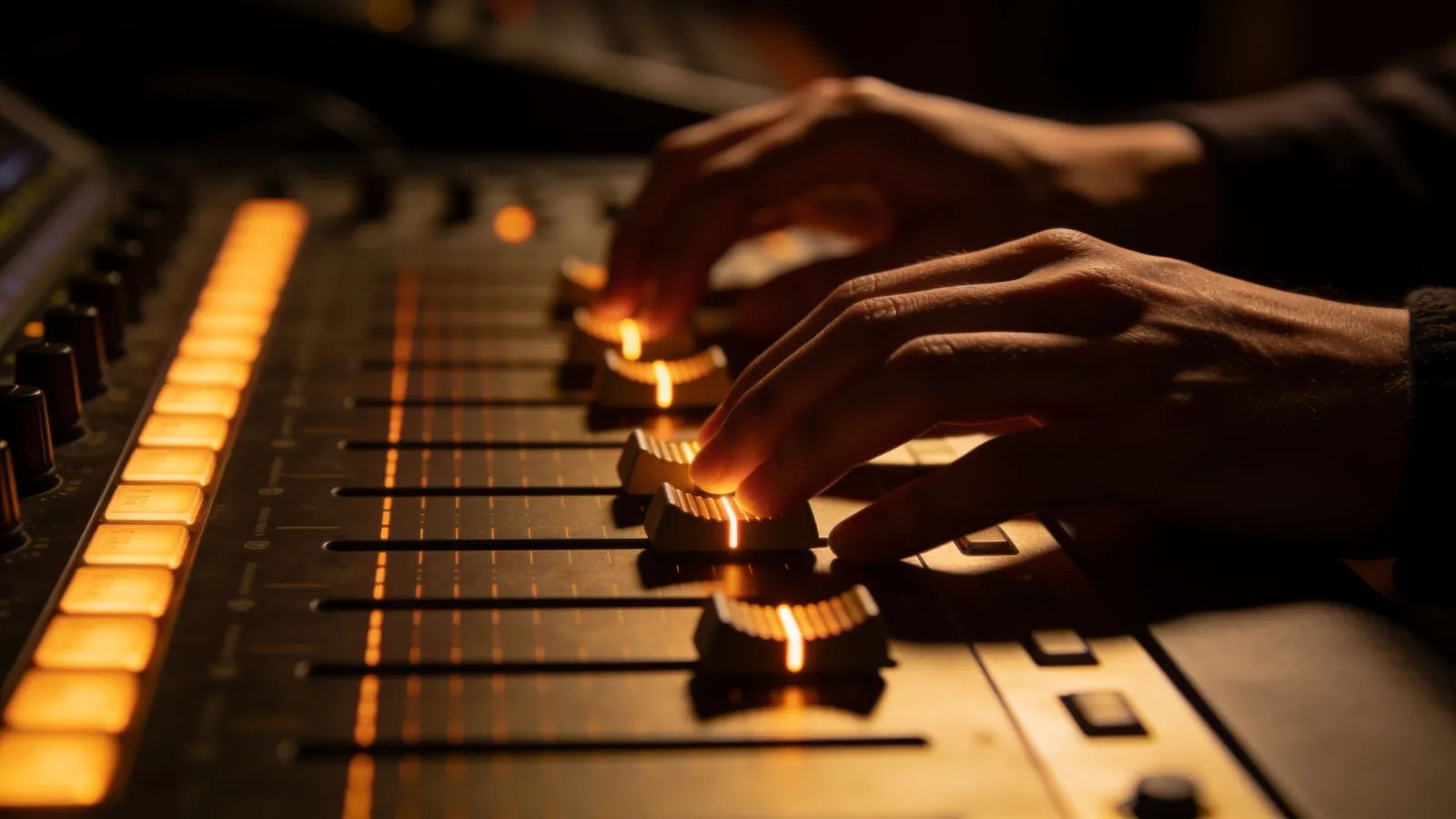 Hands at console dials in amber noir light