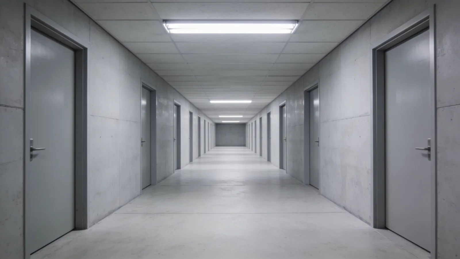 Sterile grey corporate corridor with uniform lighting