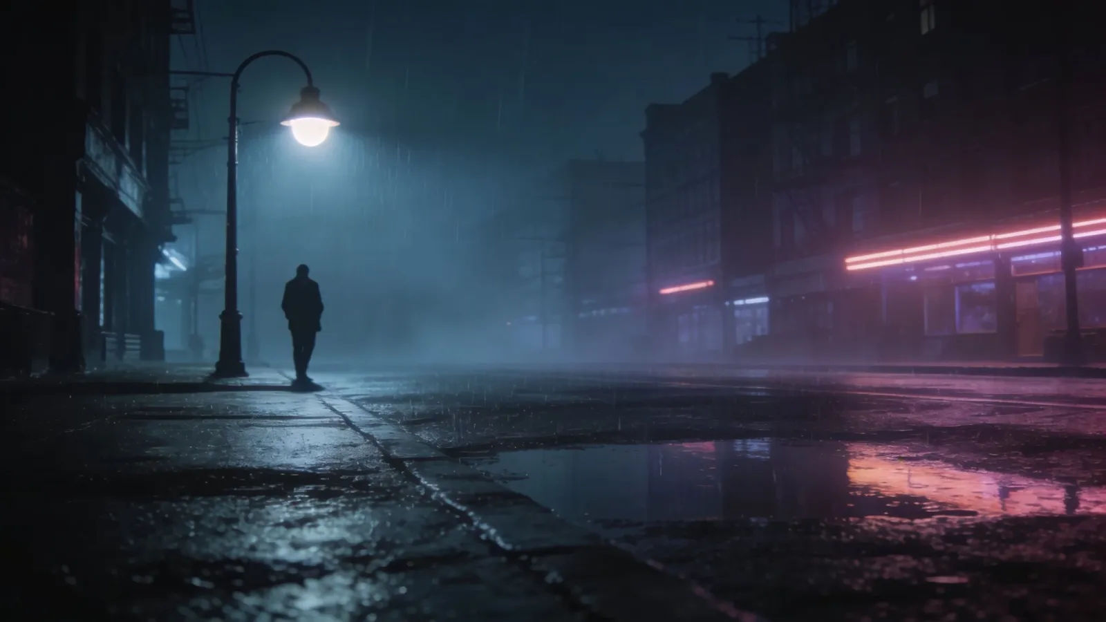 Rain-streaked neon night street with lone silhouette