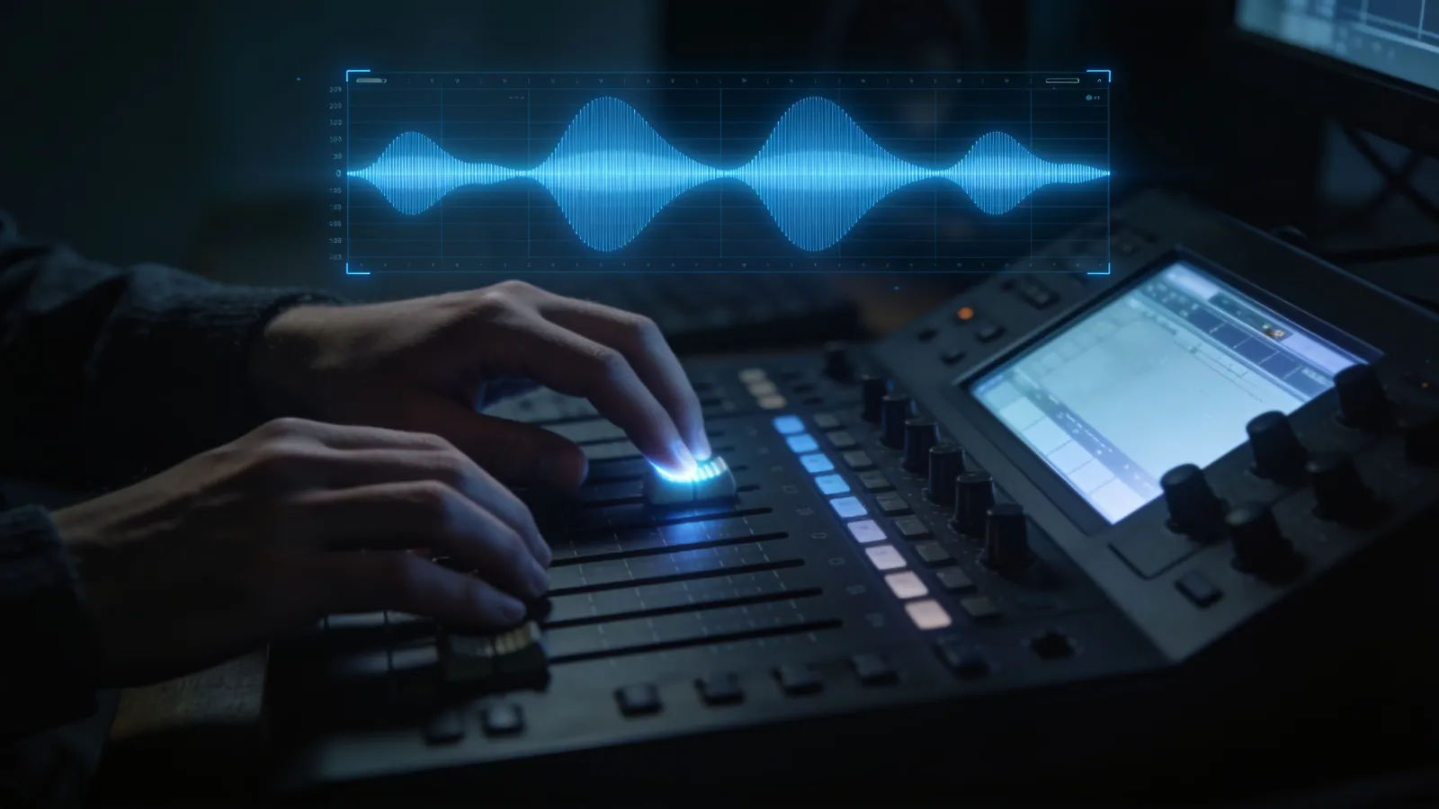 Hands at dim console with cool blue waveform