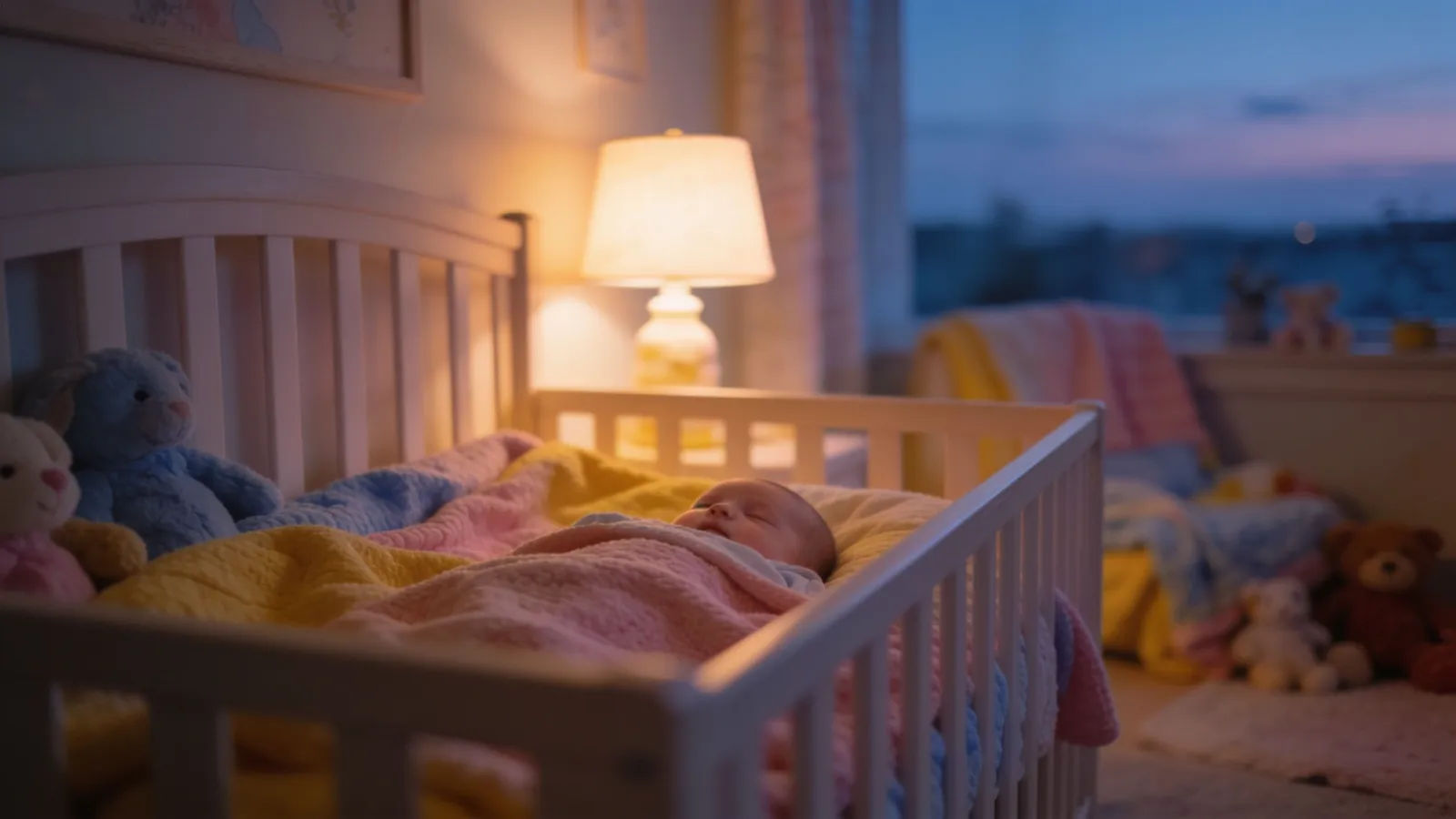 Cozy nursery at dusk with soft lamplight