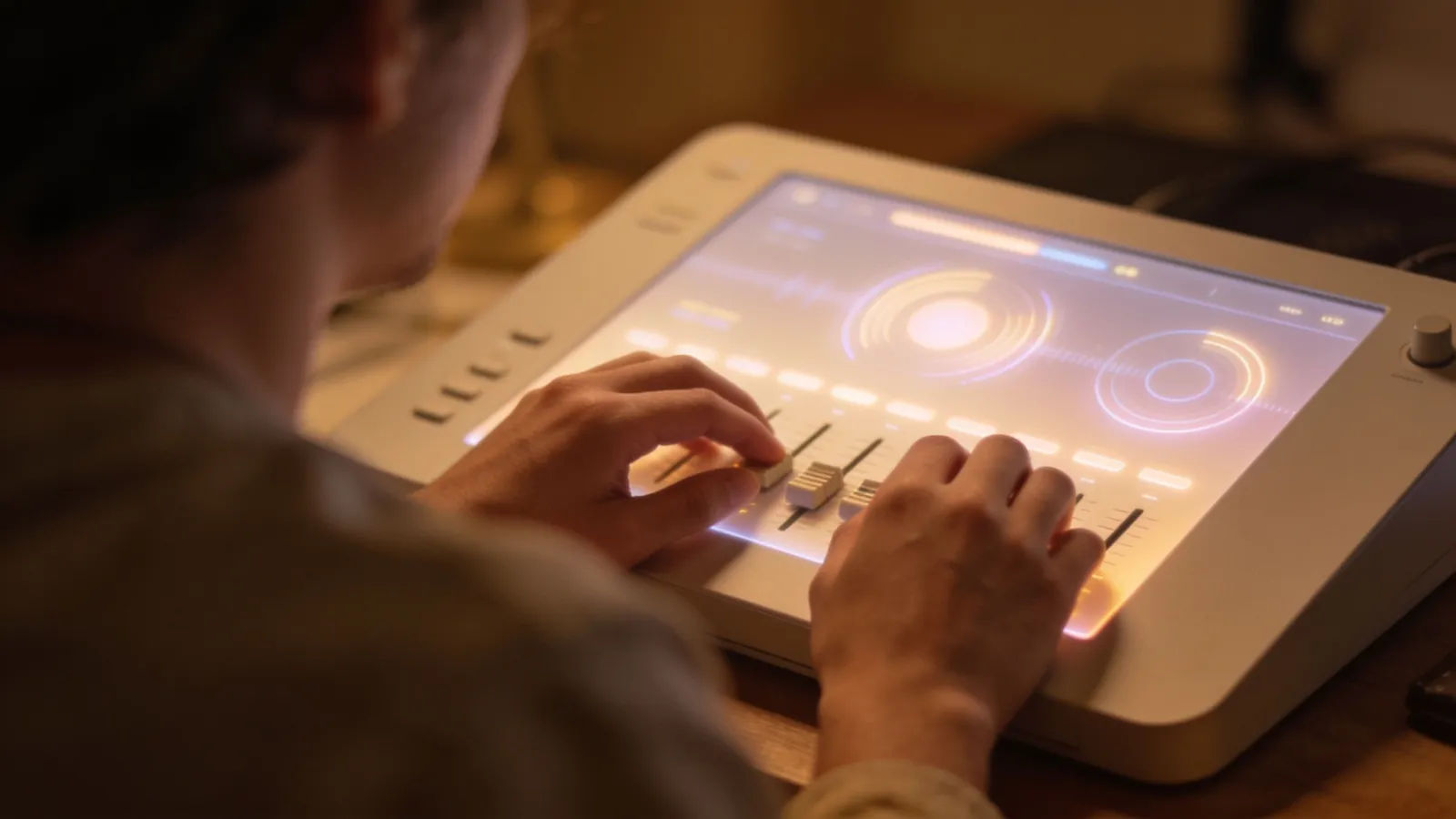 Hands at softly lit console with gentle interface