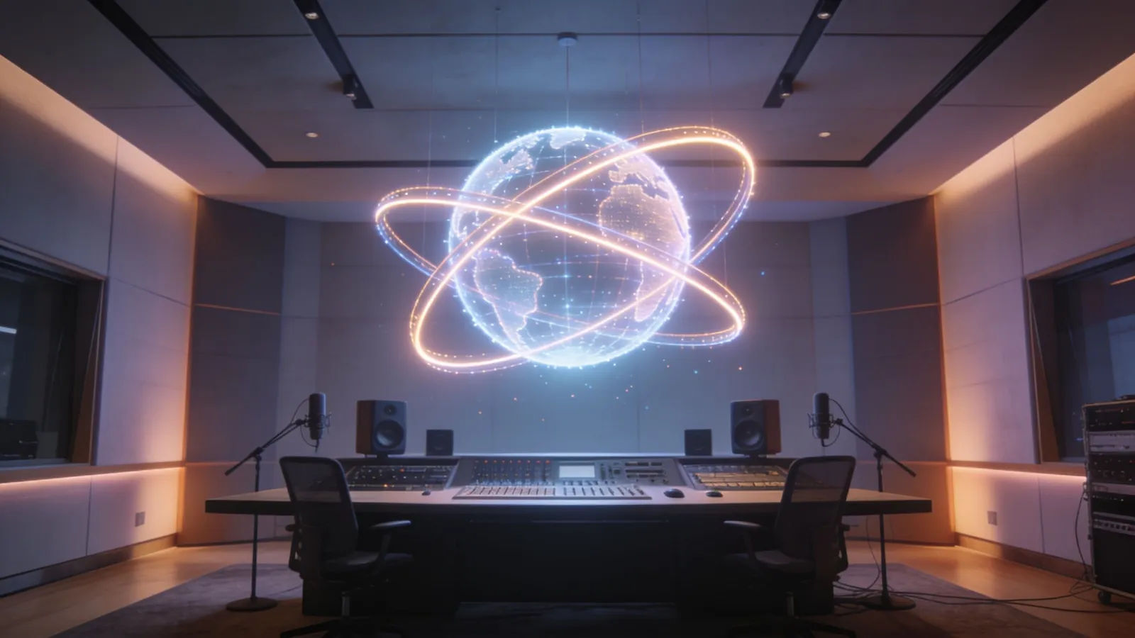 Modern studio with abstract glowing globe light installation