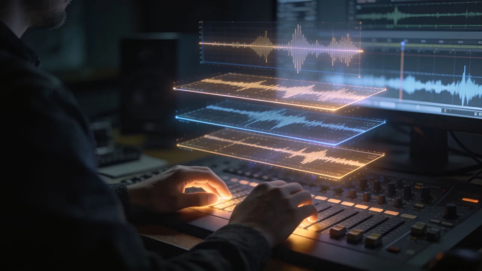 Hands at a localization console with stacked waveform tracks