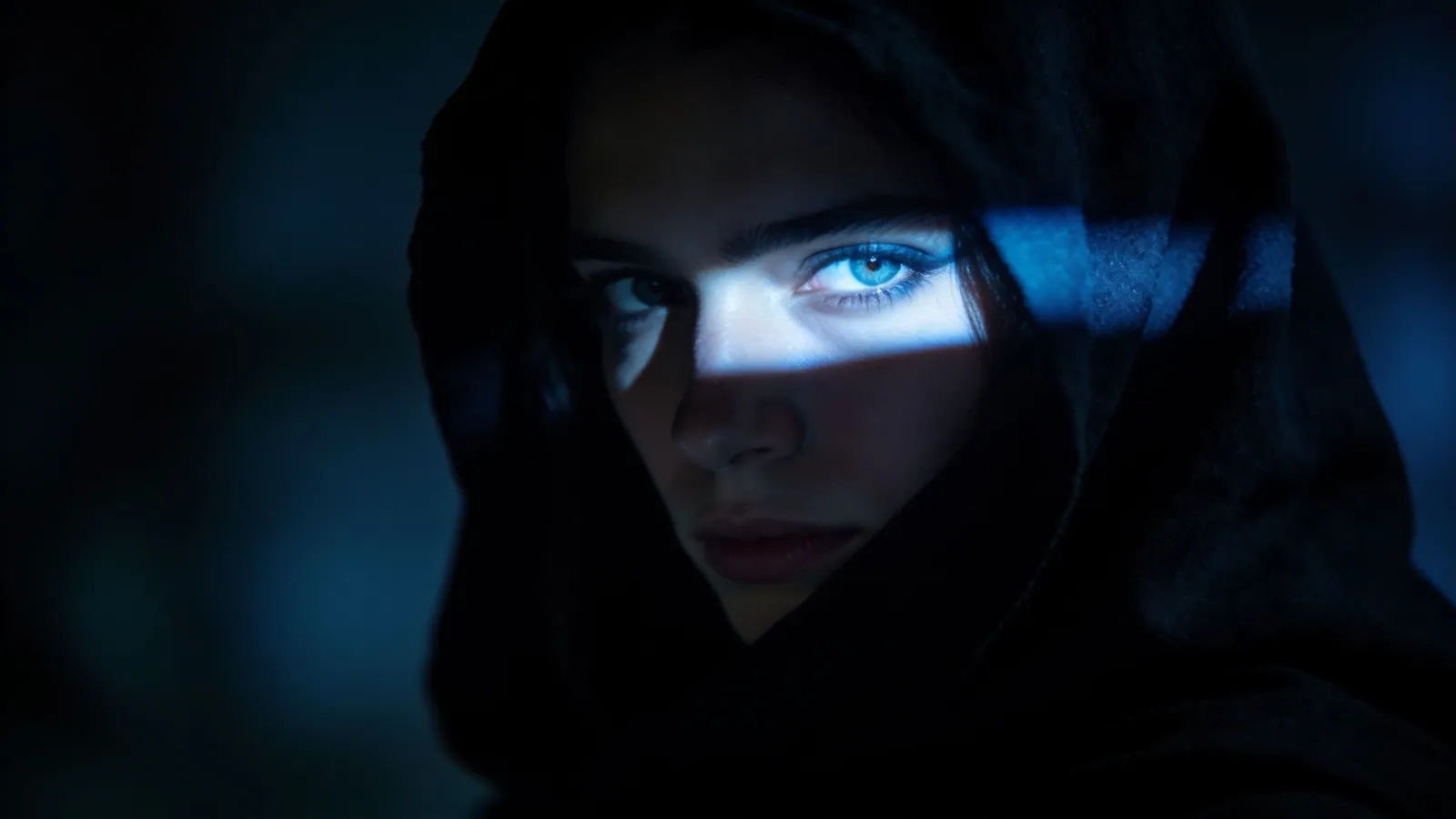 Hooded enigmatic figure veiled in indigo shadow