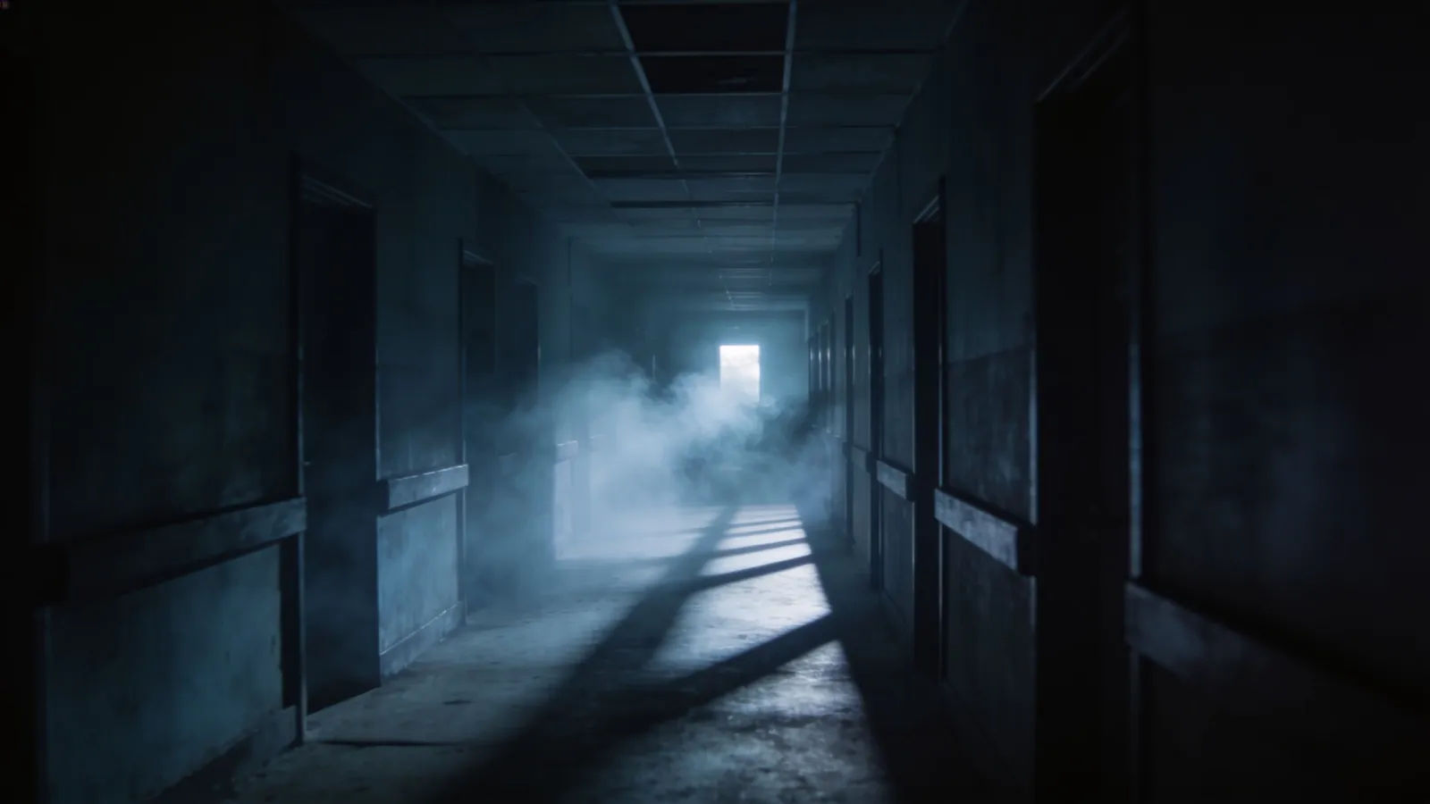 Foggy dim corridor with distant faint light