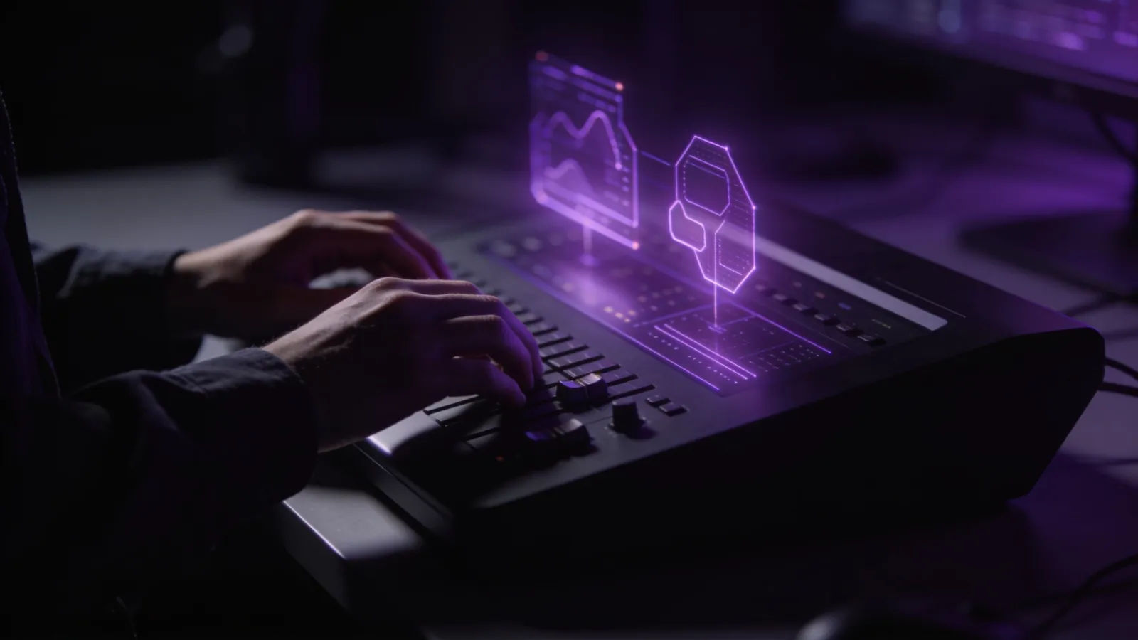 Hands at dark console, faint violet interface