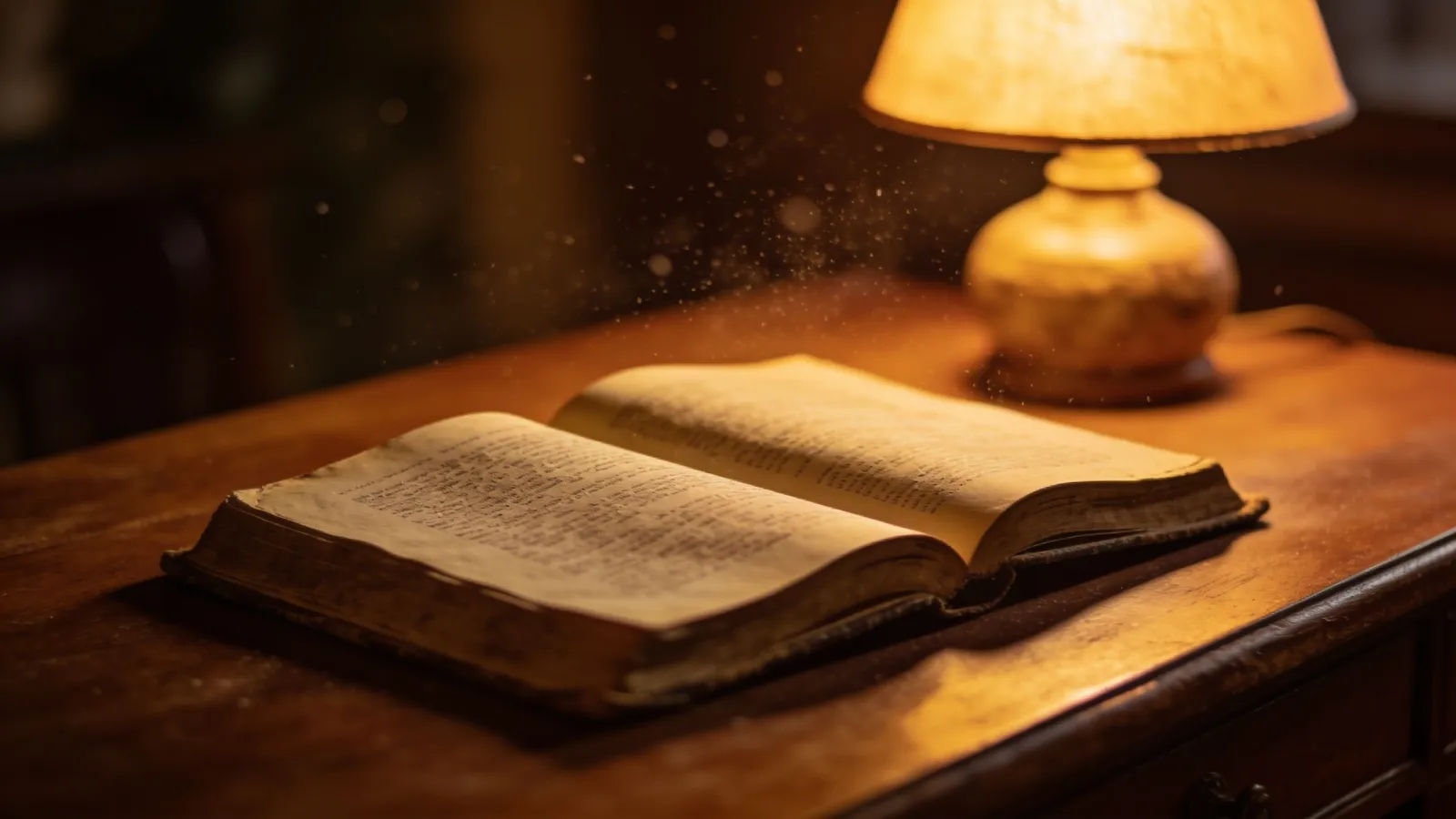 Open old book beside a glowing lamp, cozy bokeh