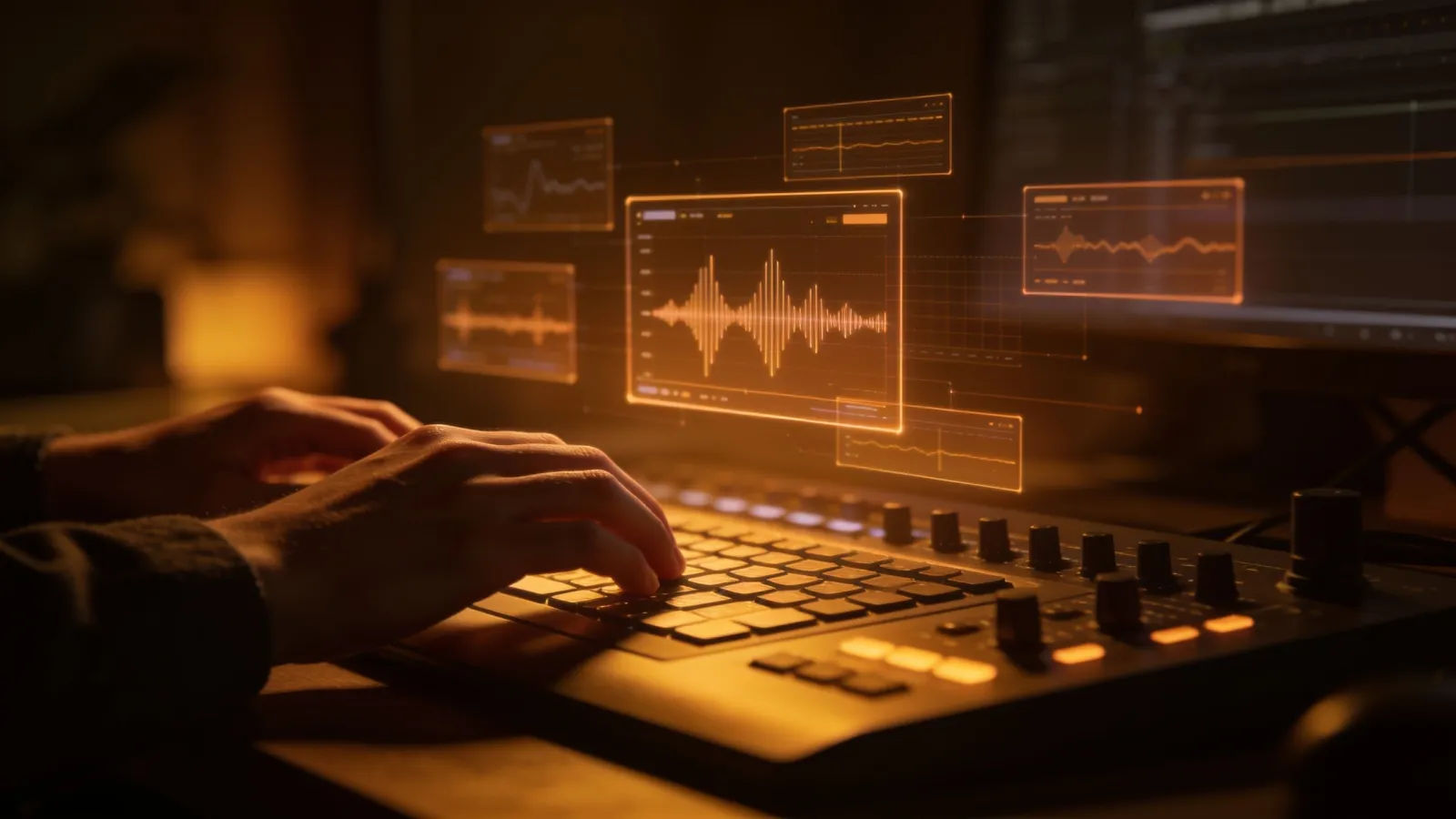 Creator hands at narration console, warm audio interface