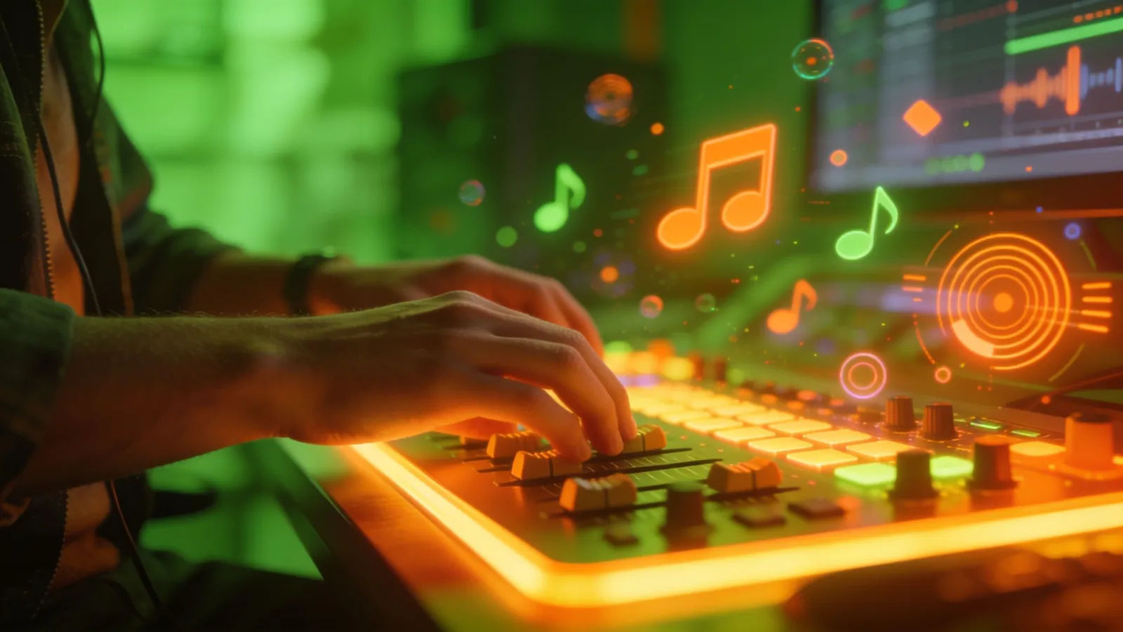 Hands at console with playful bouncing audio UI