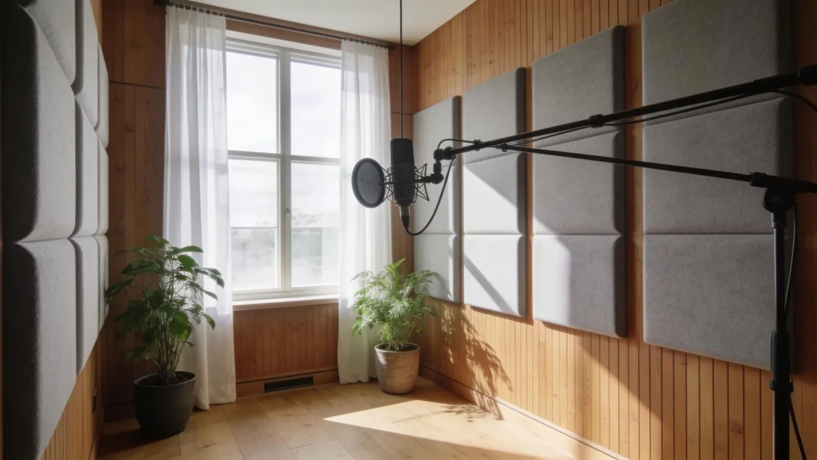 Cozy modern podcast studio with warm wood and daylight