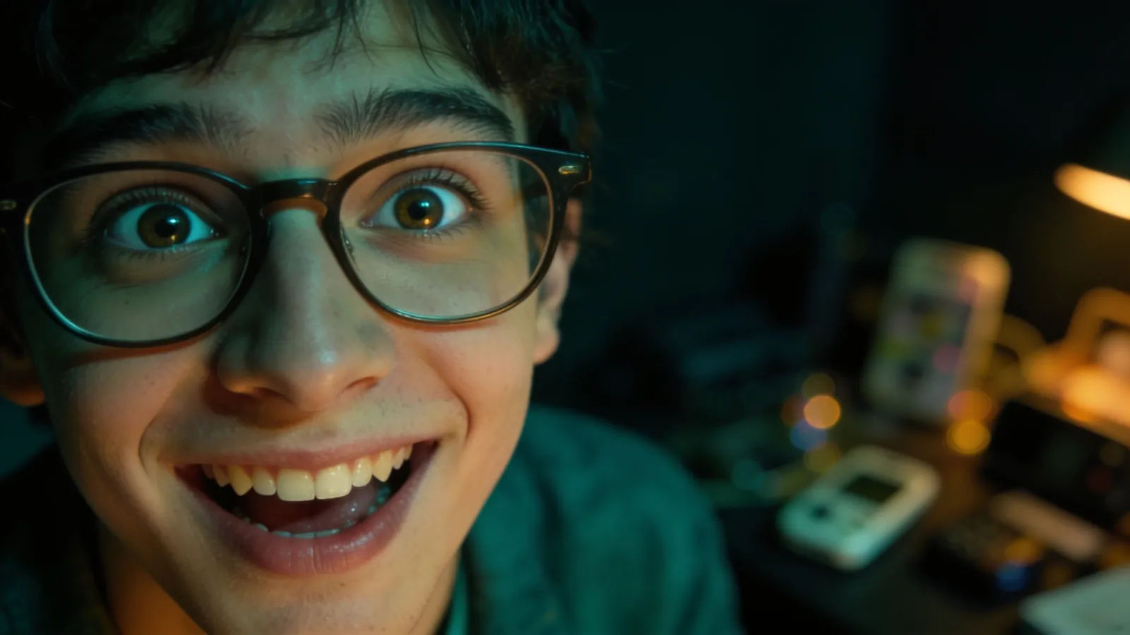 Excitable bespectacled figure grinning in warm light