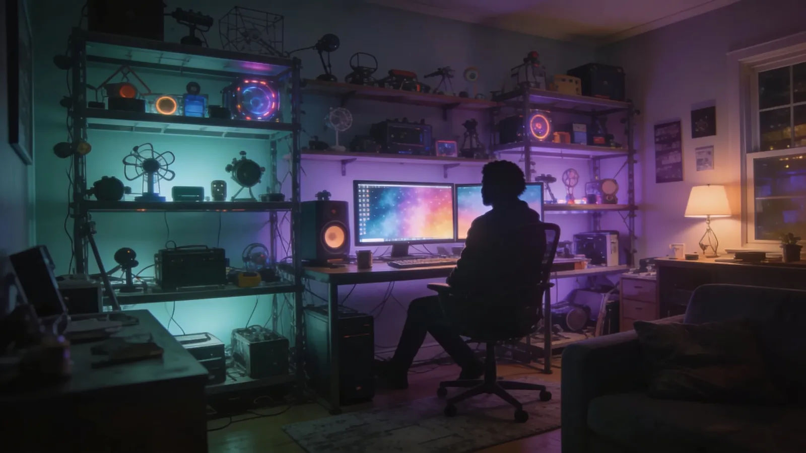 Cozy cluttered home studio glowing with monitors