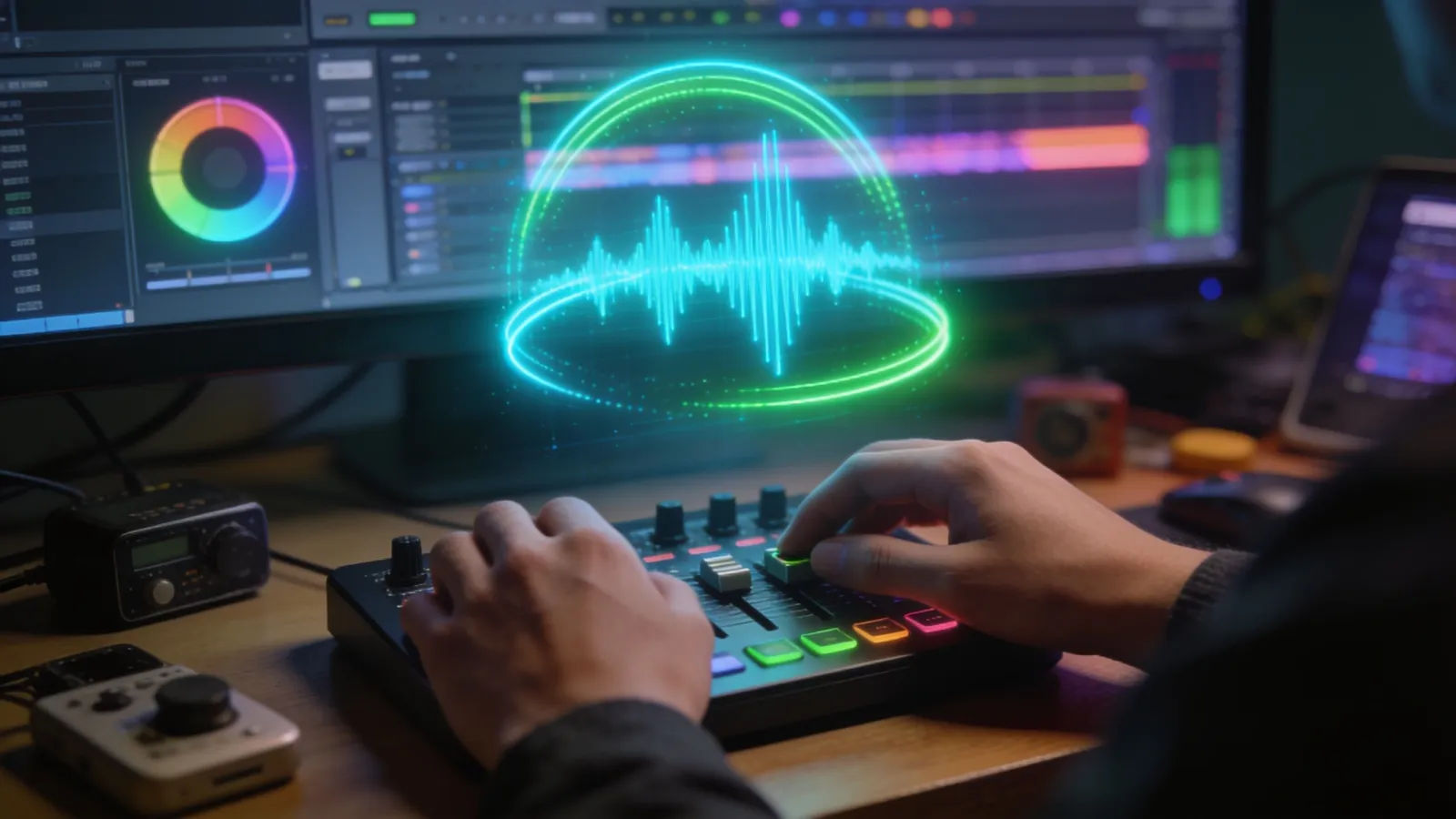 Hands at gadget desk with bright cyan waveform