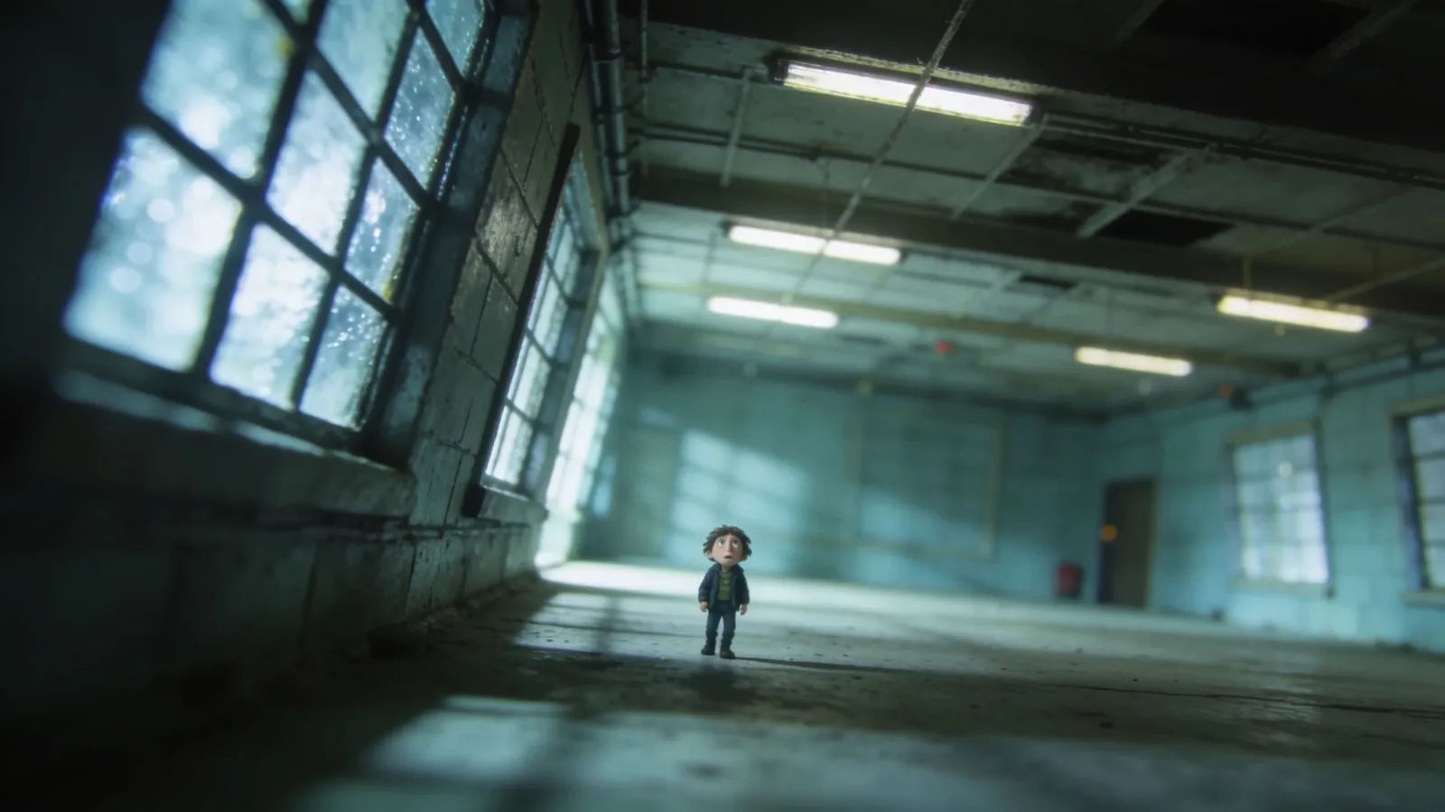 Lone anxious figure in oversized tilted empty space