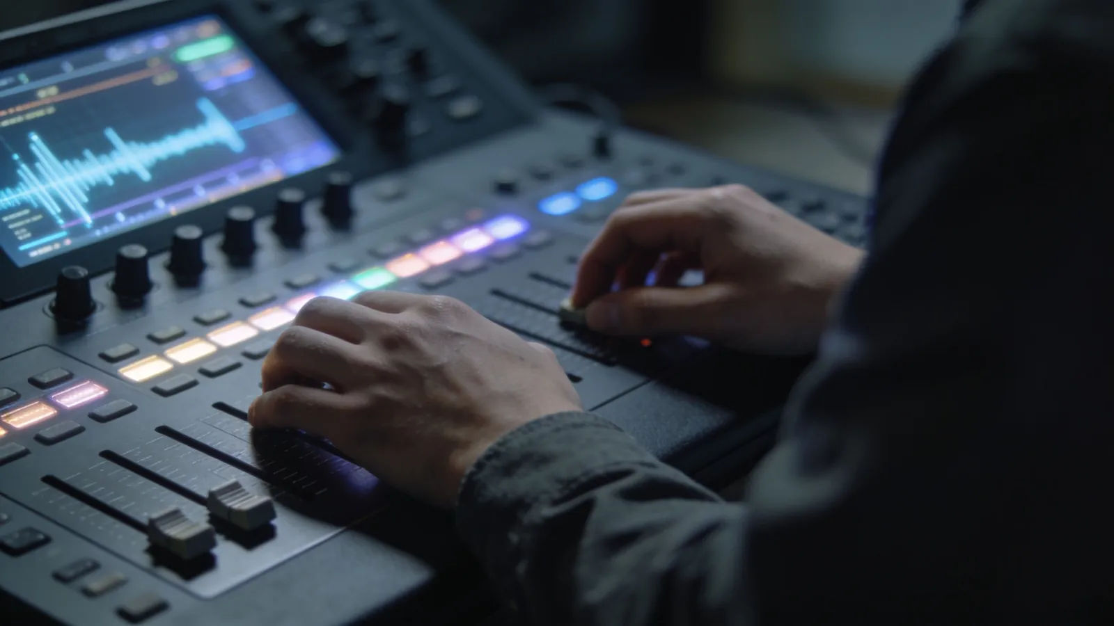 Hands fidgeting at console with flickering audio interface