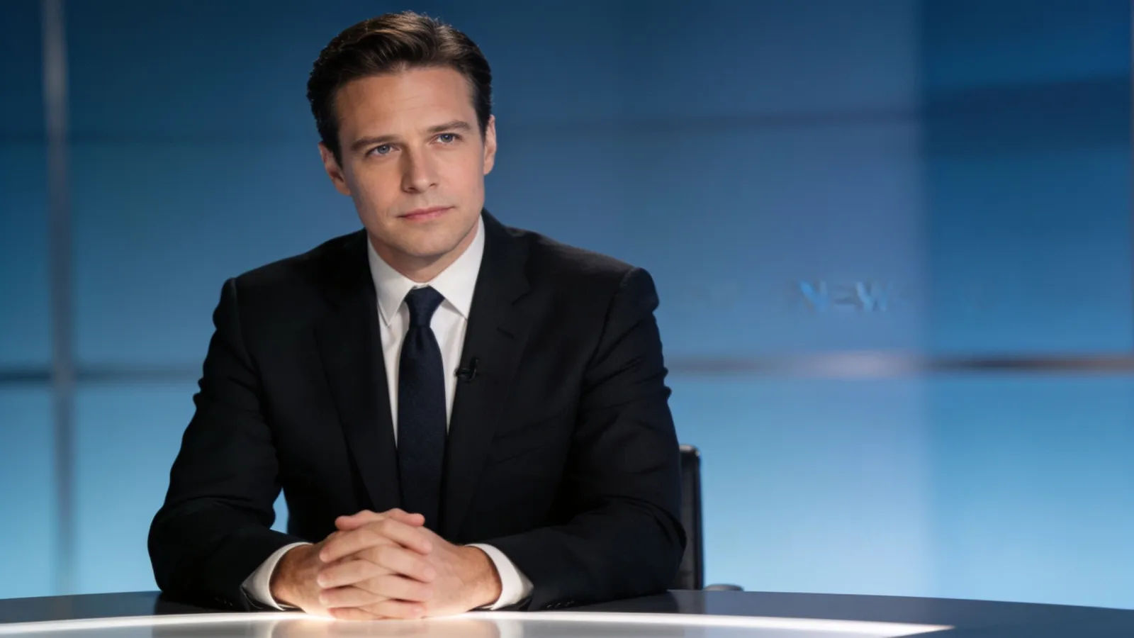 Polished news anchor at a desk with composed expression