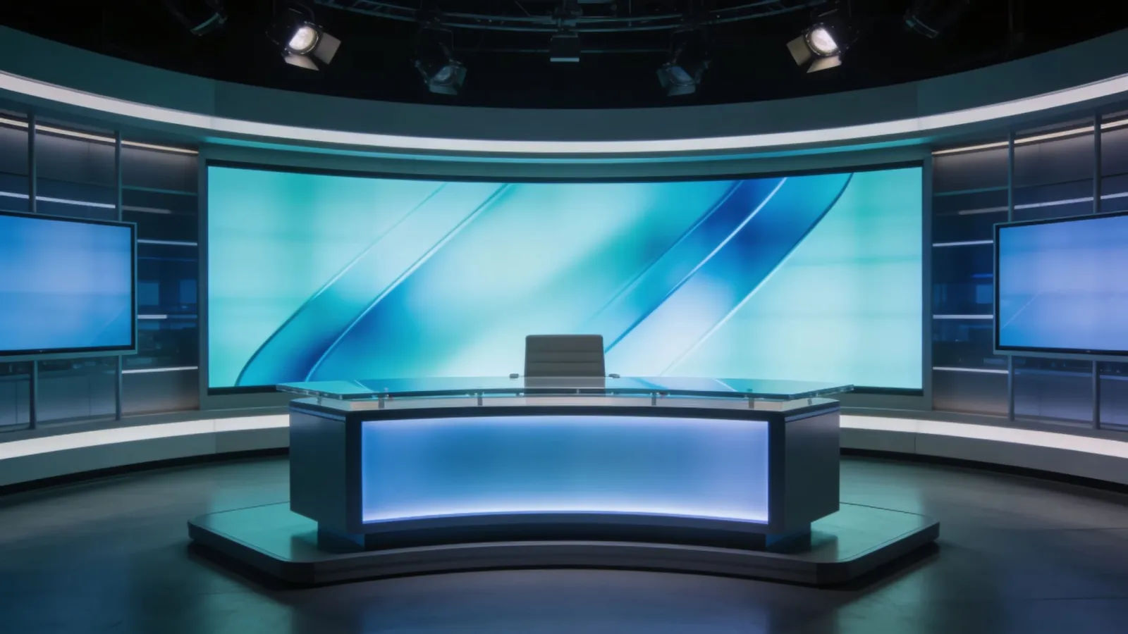 Empty news studio set with glowing blue screen wall