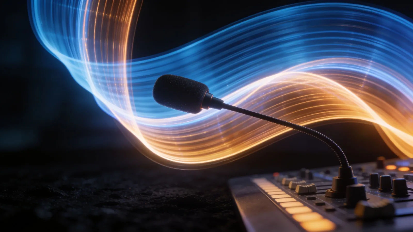 Glowing waveform over a broadcast desk microphone