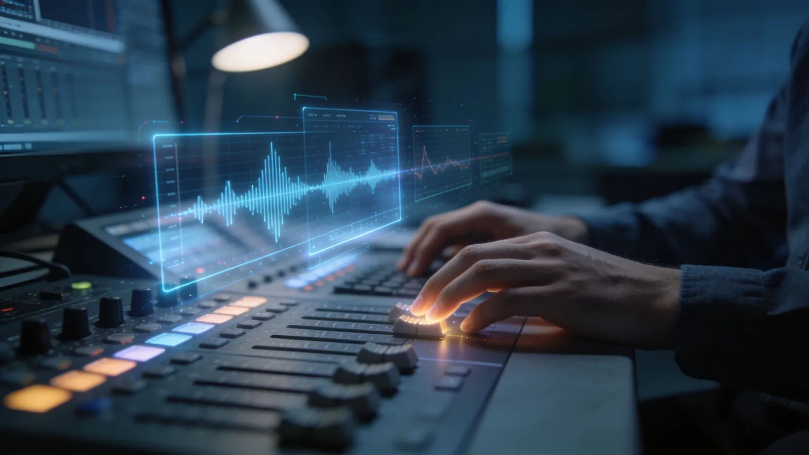 Hands at a broadcast control console with audio UI