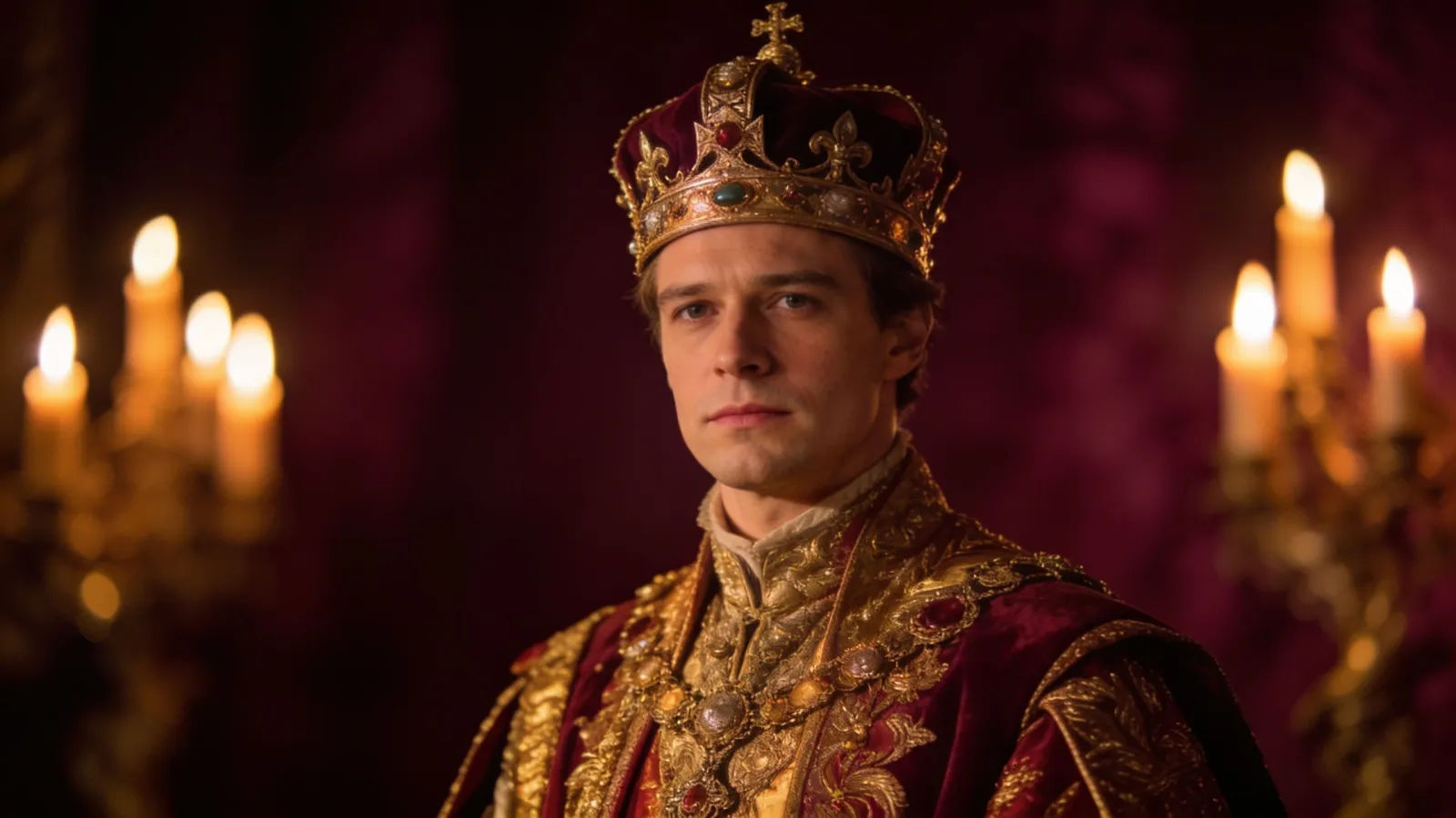Regal figure in ceremonial attire, candlelit