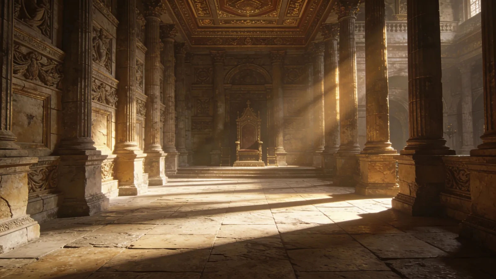 Grand ornate throne hall with warm light shafts