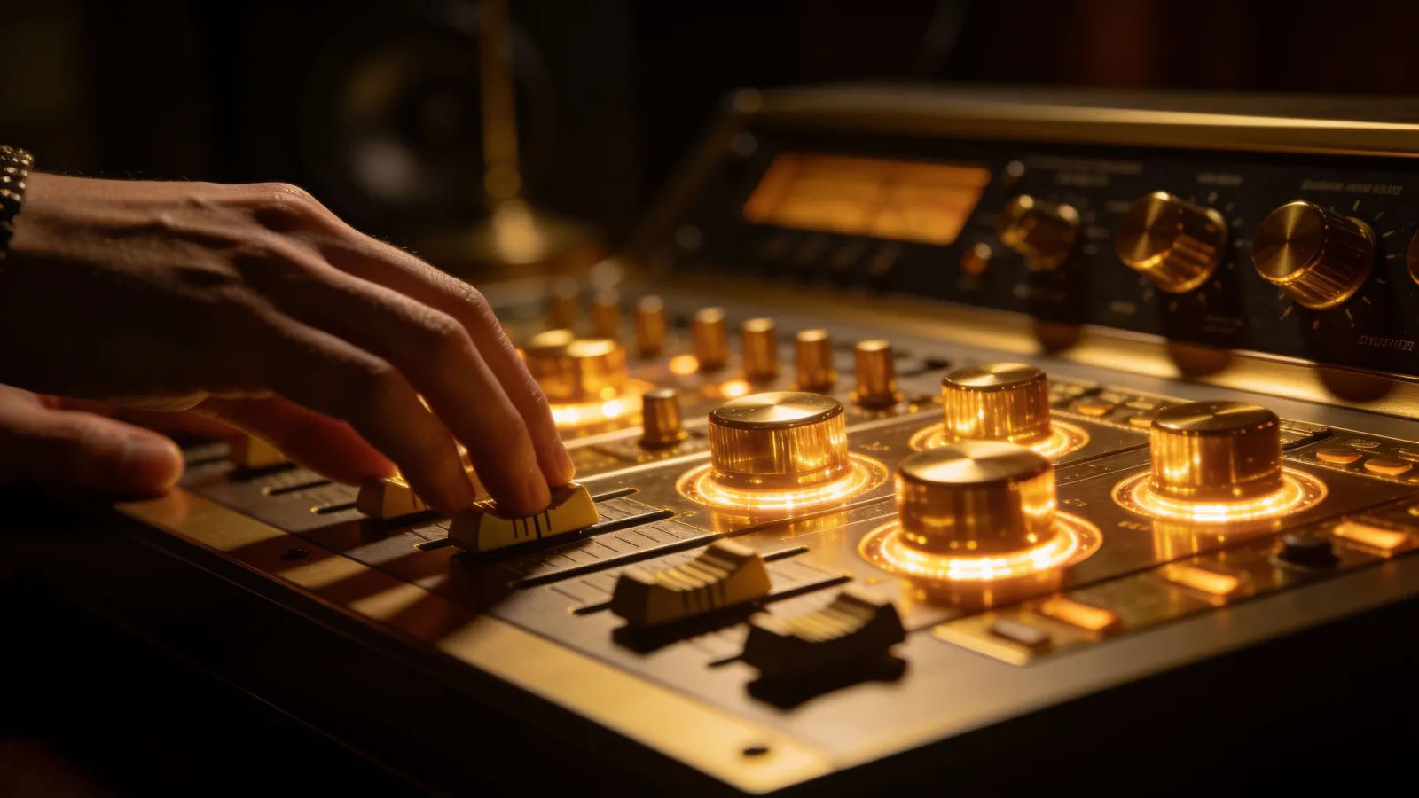 Hands at elegant gilded audio console in dim studio