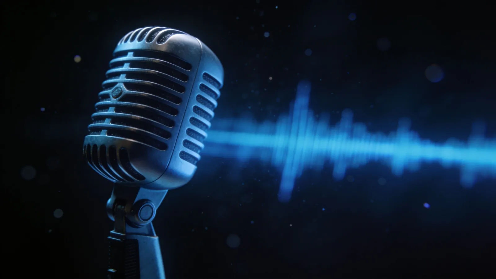 Low flat blue waveform gliding past a microphone