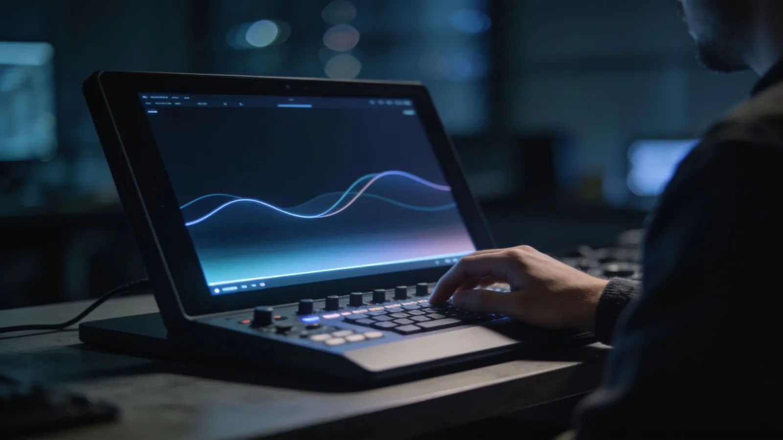 Hand resting casually on a glowing audio console