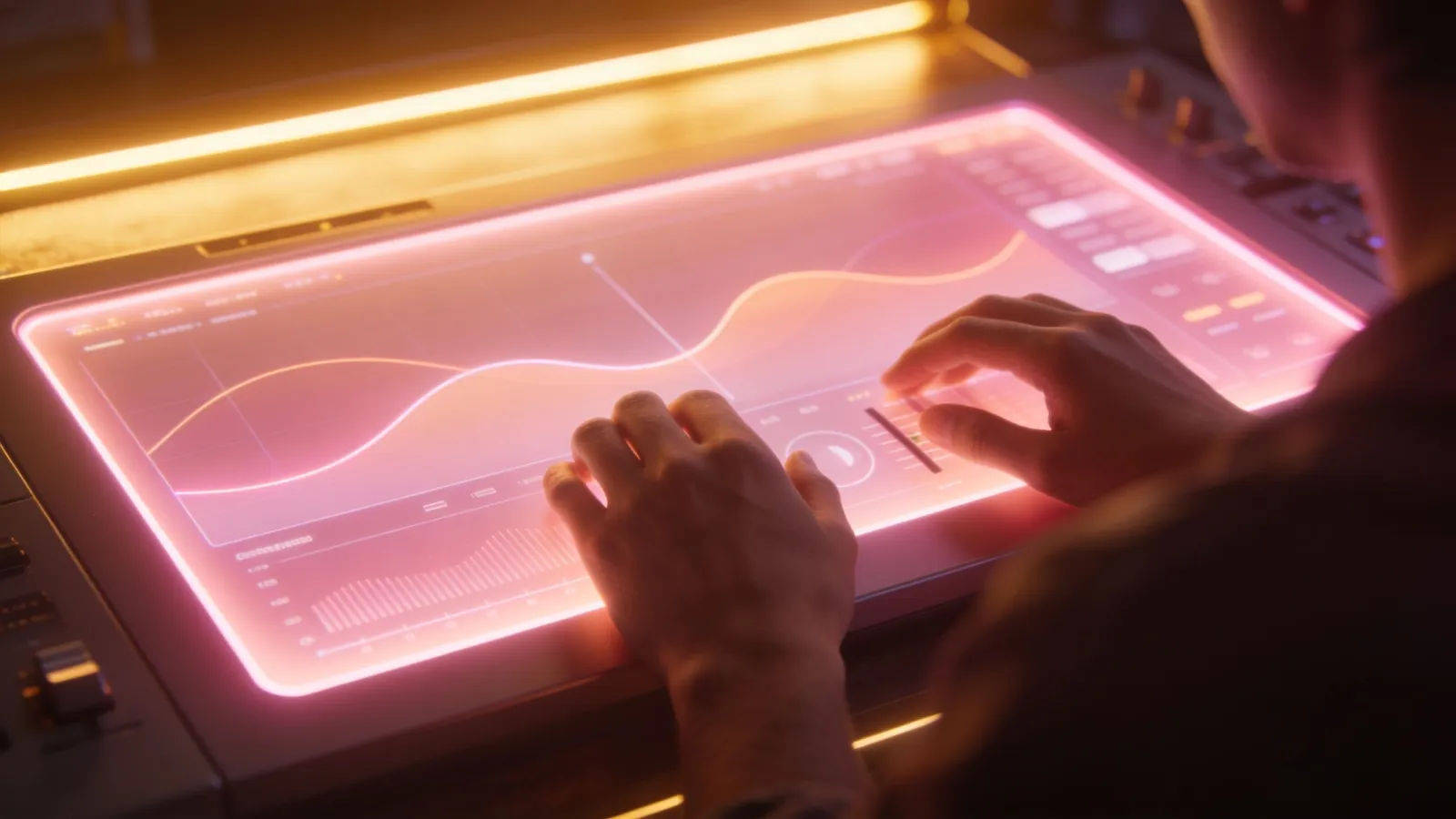 Gentle hands at console with soft audio curves
