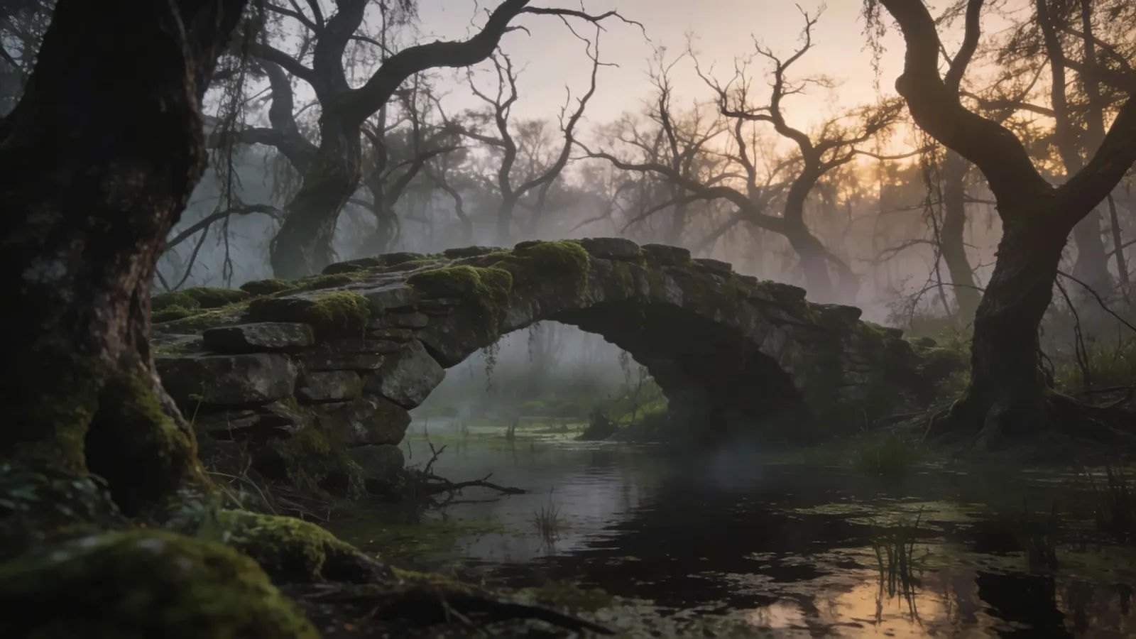 Misty fantasy swamp at dusk with old stone bridge