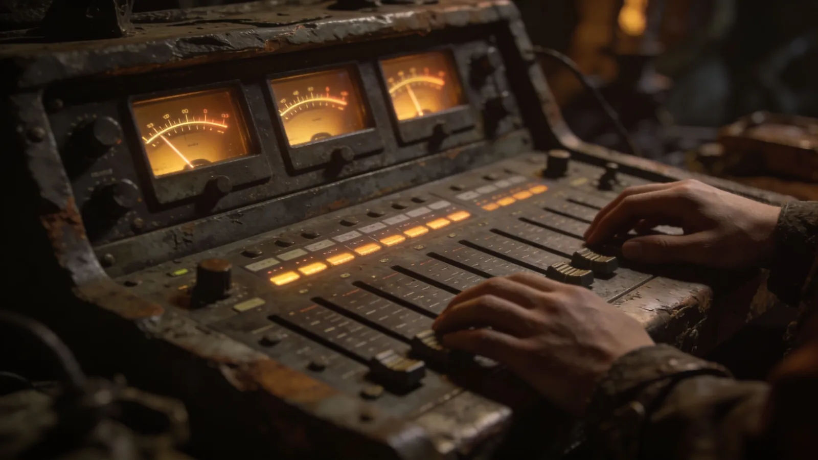 Hands at a rugged console with deep-bass audio meters