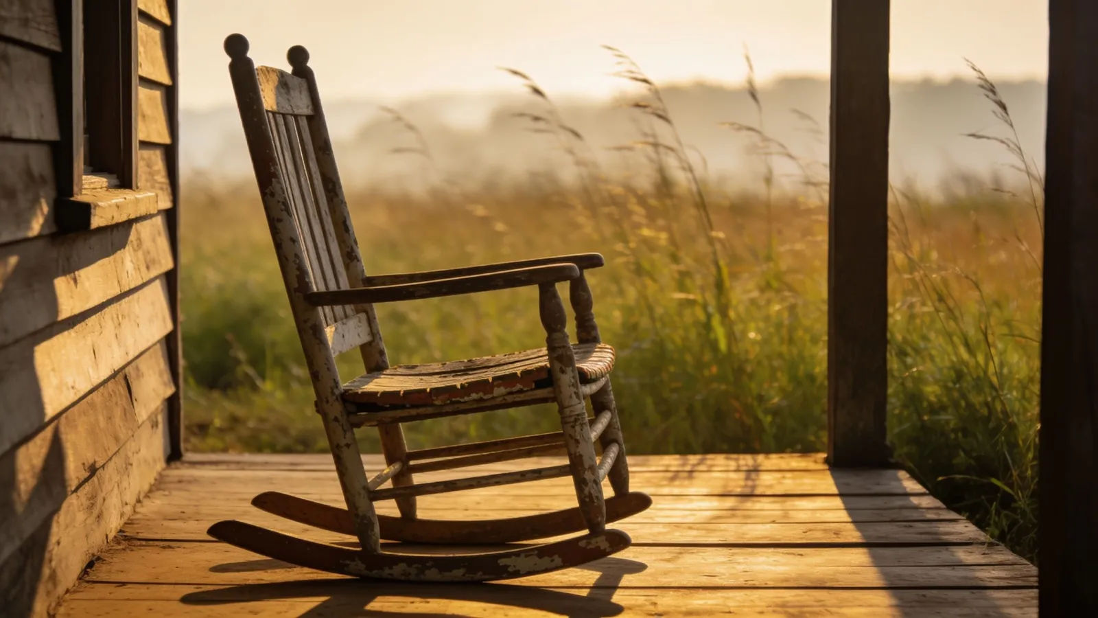 Rustic porch at golden hour with empty rocking chair