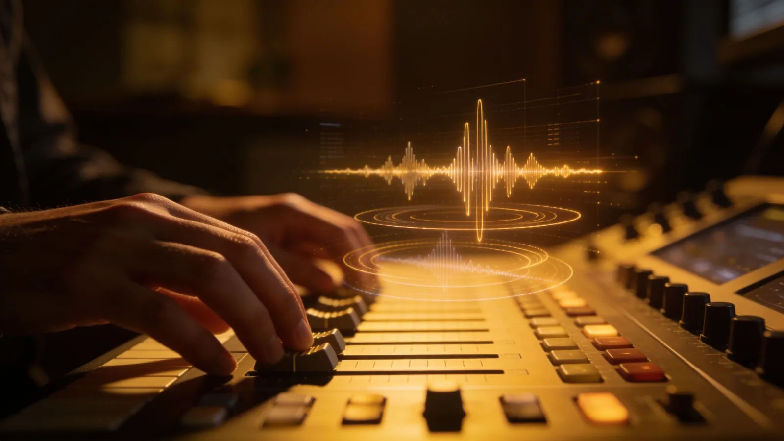 Creator hands at console with warm audio interface