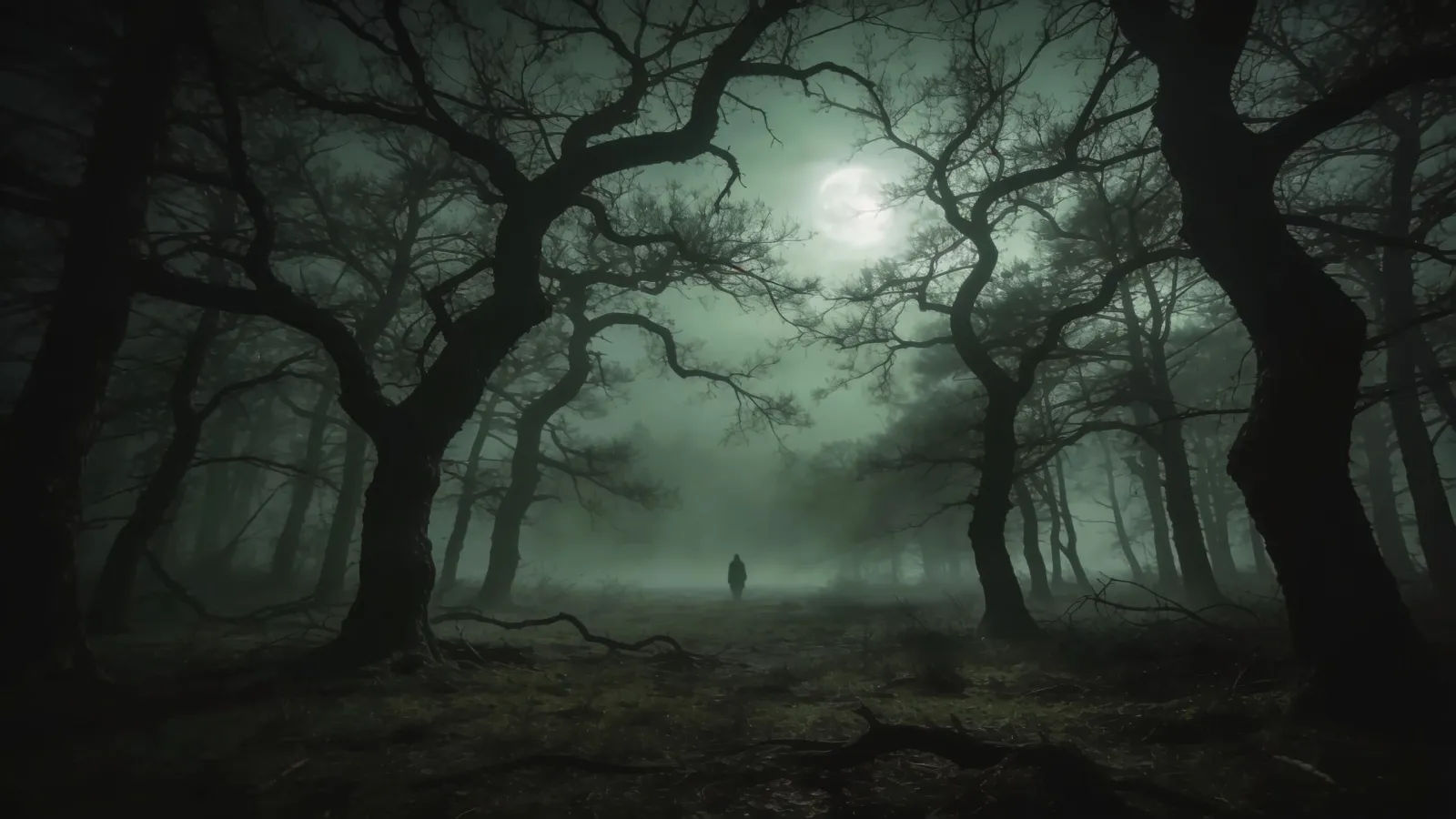 Fog-drowned forest clearing under cold moon glow