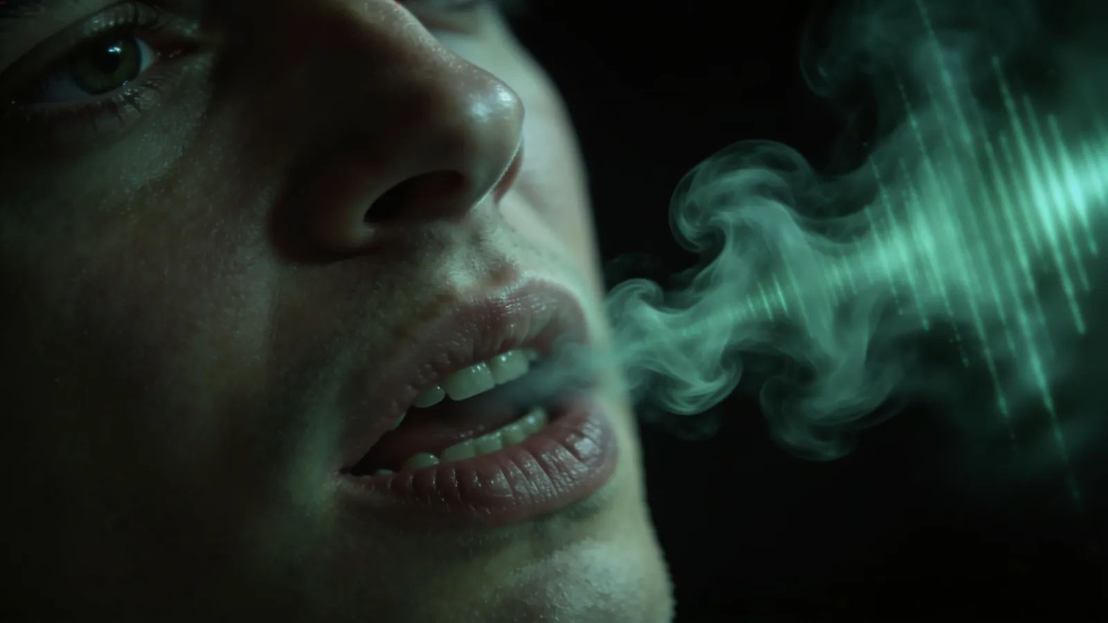 Menacing pale-green soundwave coiling like smoke