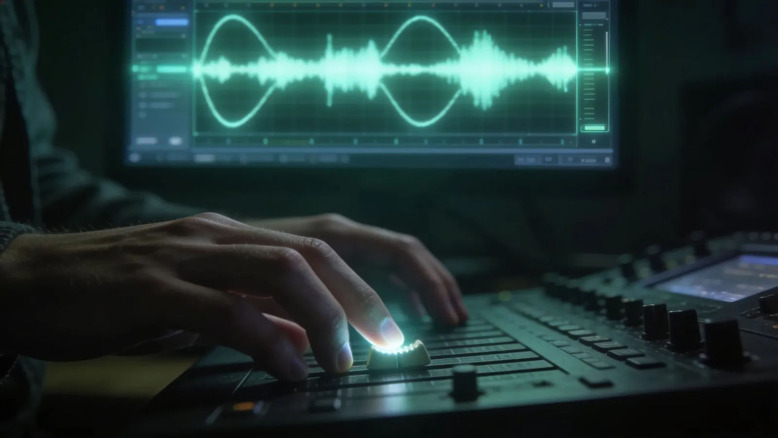 Hands at dark console with cold green waveform