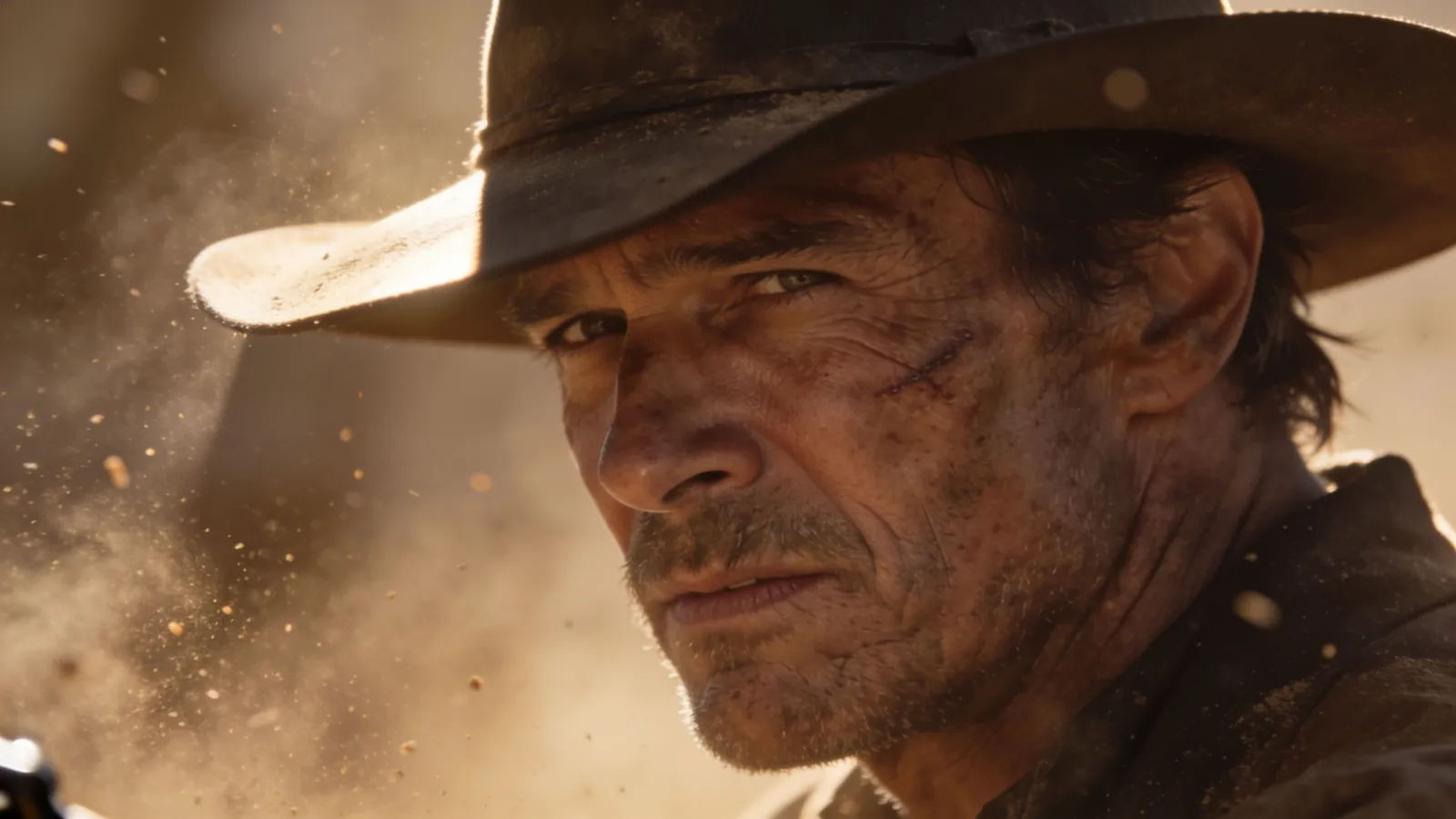 Rugged frontier gunslinger under a wide-brimmed hat