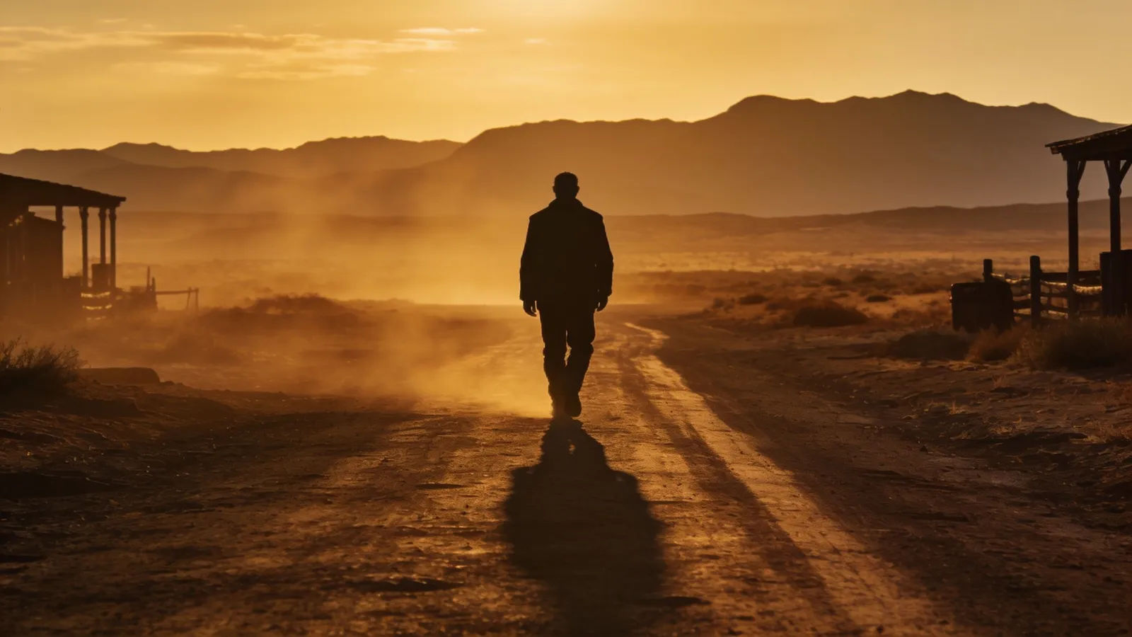 Sun-baked desert frontier at dusk, lone silhouette