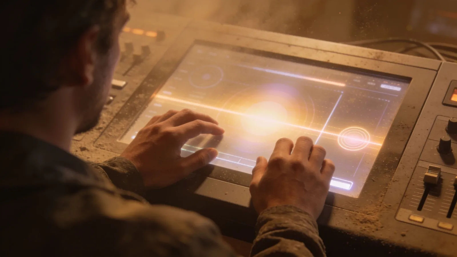 Hands at console with gritty amber-lit audio interface